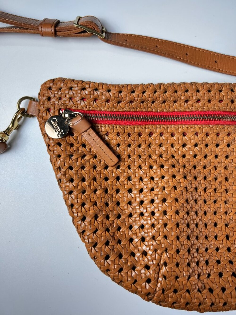CLARE V. Grande Fanny Bag Tan Rattan Woven Leather Belt Bag Crossbody Fanny - Picture 9 of 9